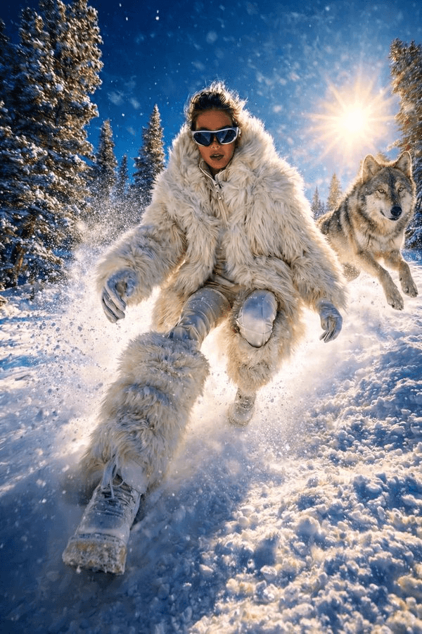 雪林奔跑女与狼提示词