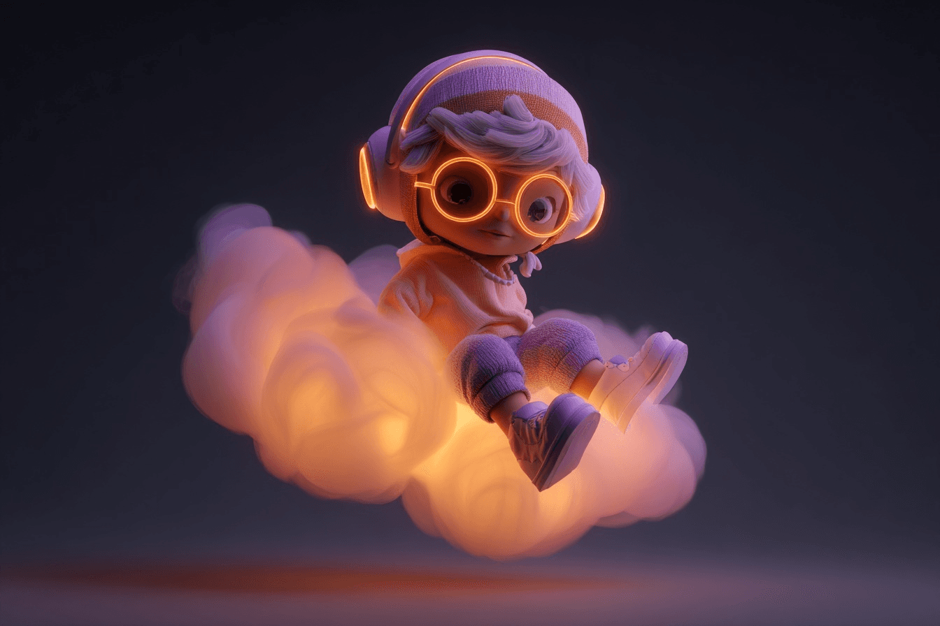 3D cloud-rider child prompt with lavender translucent body and sunset ...