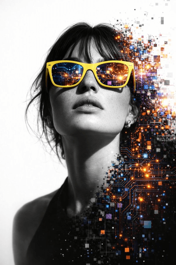 B&W cyber portrait with yellow sunglasses prompt