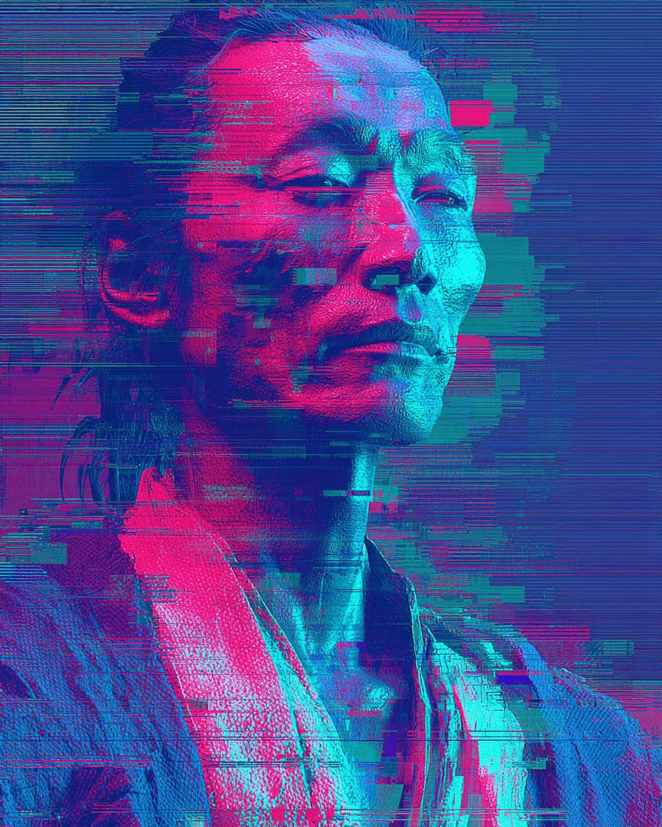 Dual-hue glitch cyberpunk samurai portrait prompt