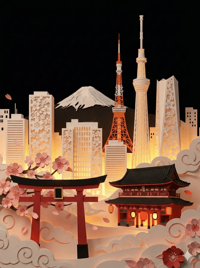 Layered paper cut city diorama prompt