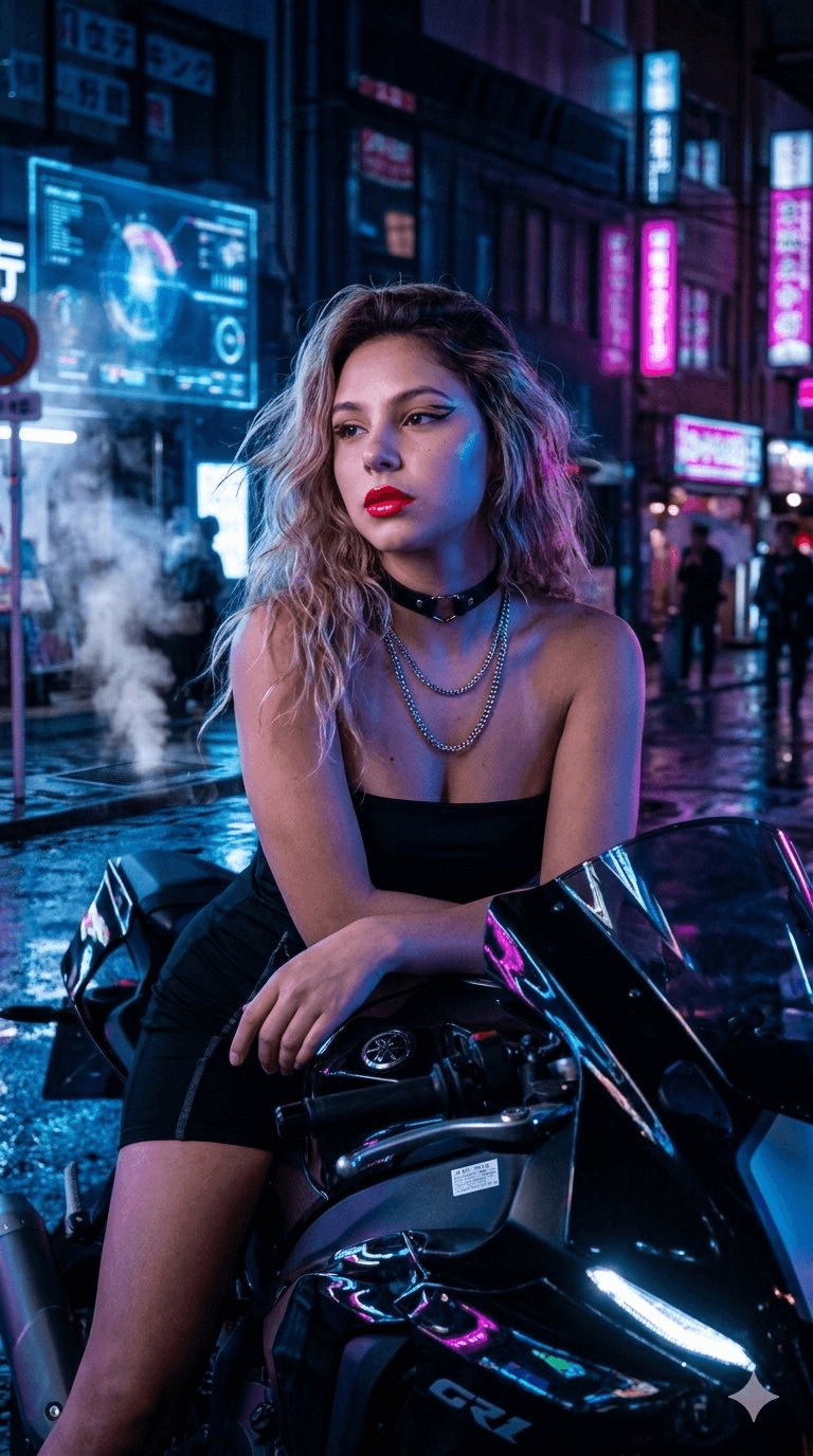 Cyberpunk motorcycle woman fashion prompt