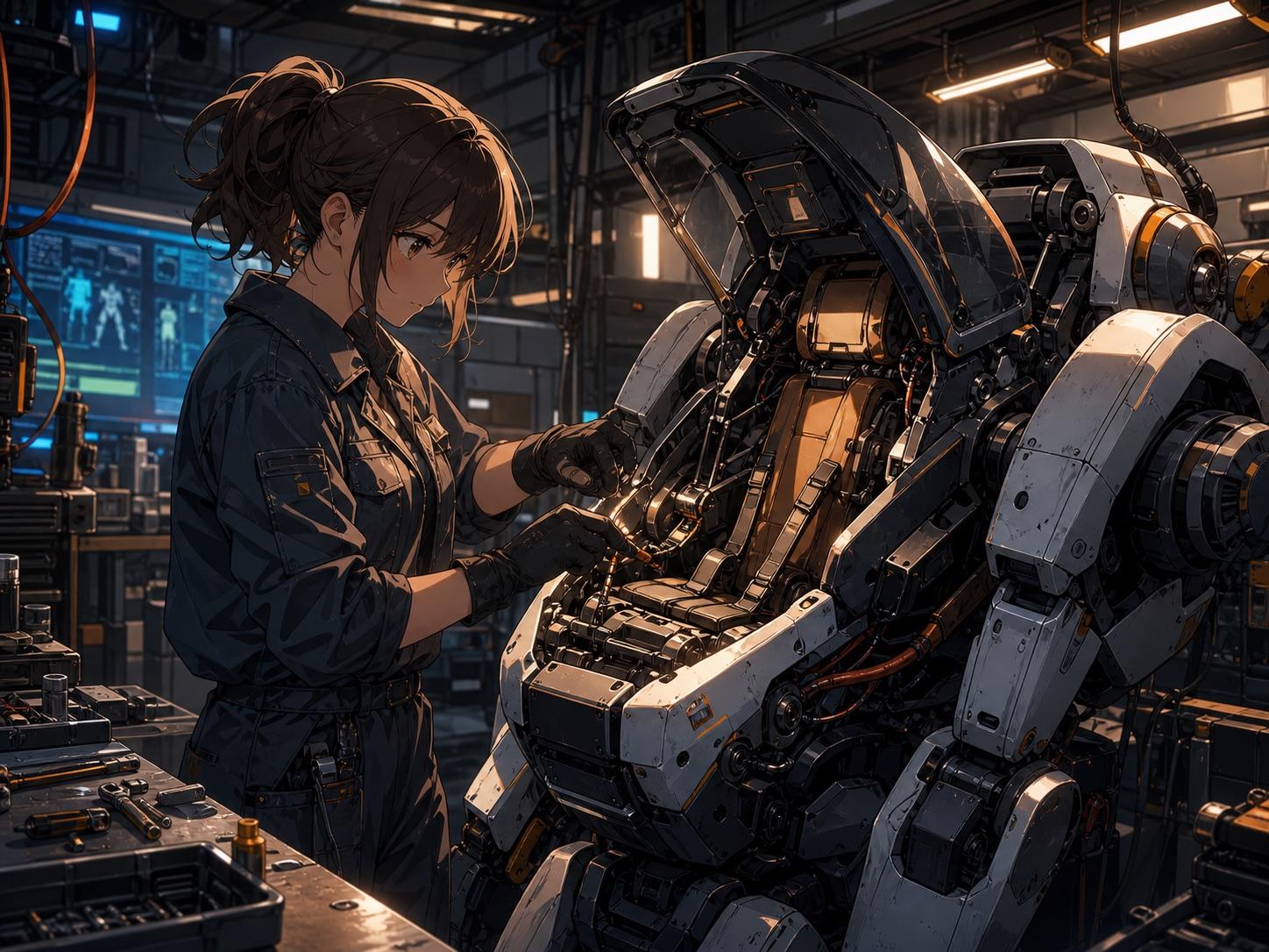 Mecha repair bay anime concept prompt