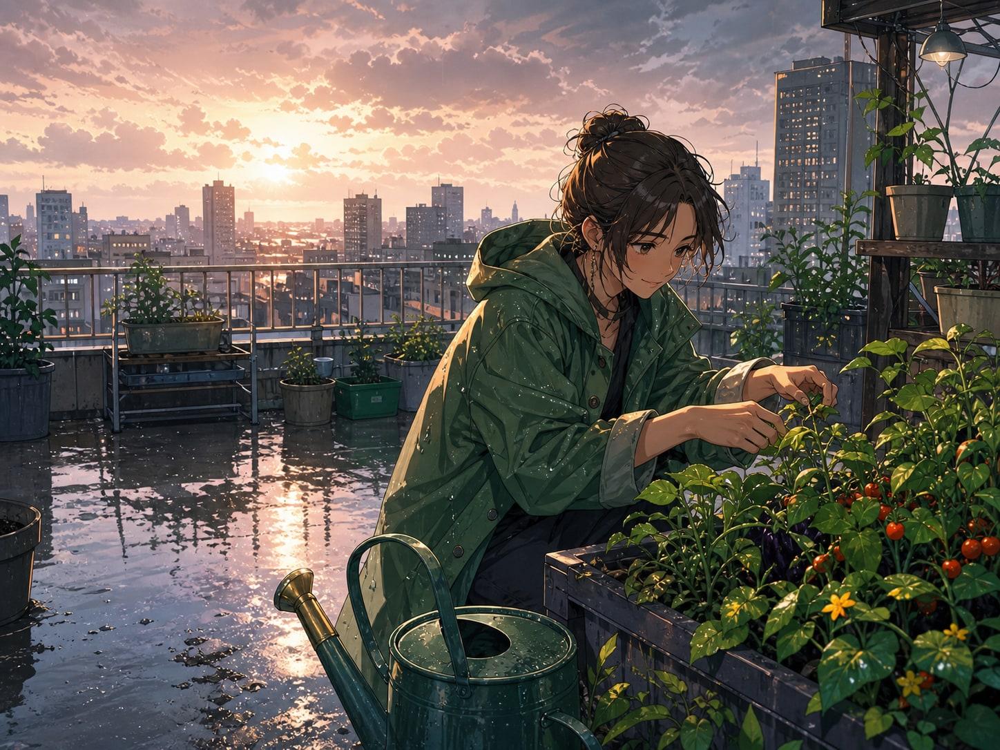 Rooftop Gardener Anime Illustration Prompt