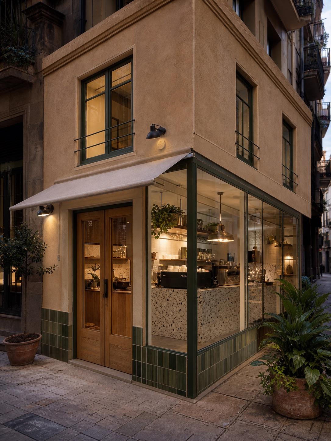 Corner coffee shop facade architecture prompt