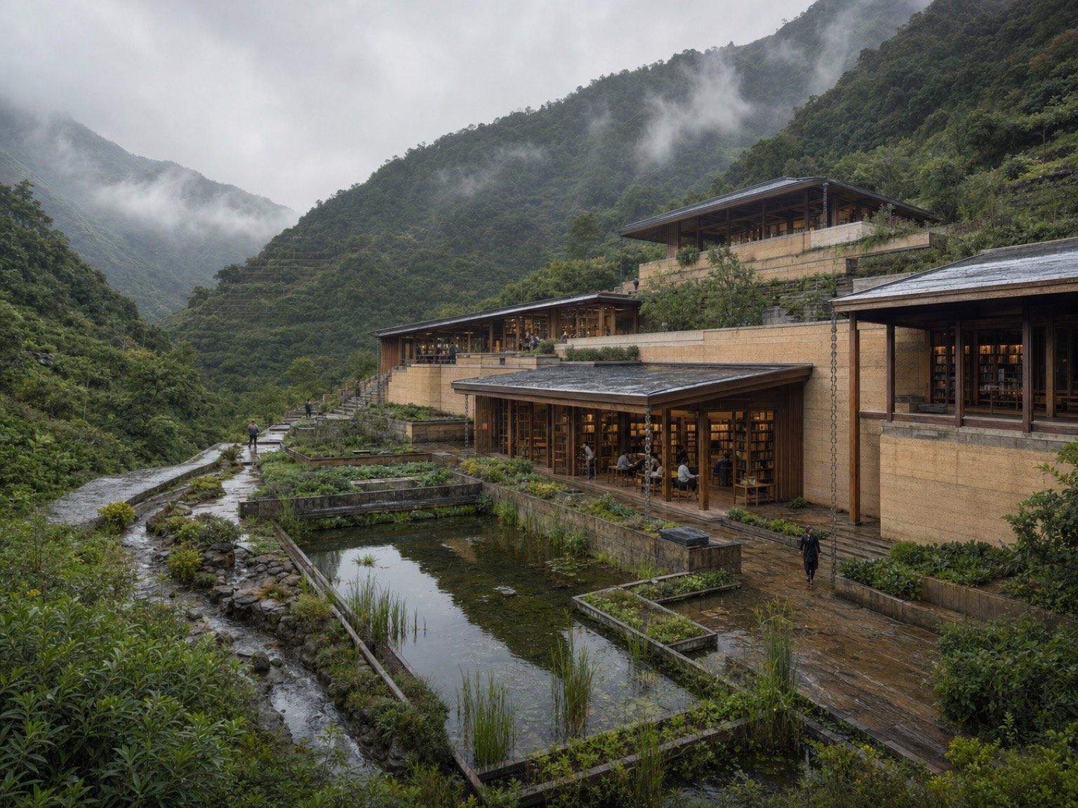 Mountain Rainwater Library Architecture Prompt