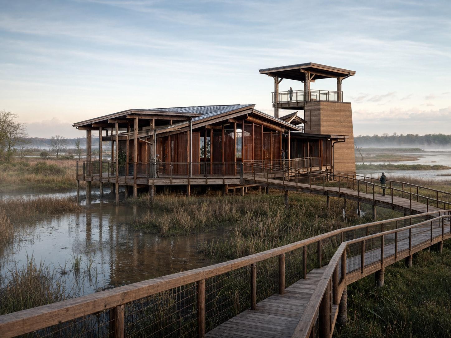 Tidal Wetland Birdwatching Center Architecture Prompt