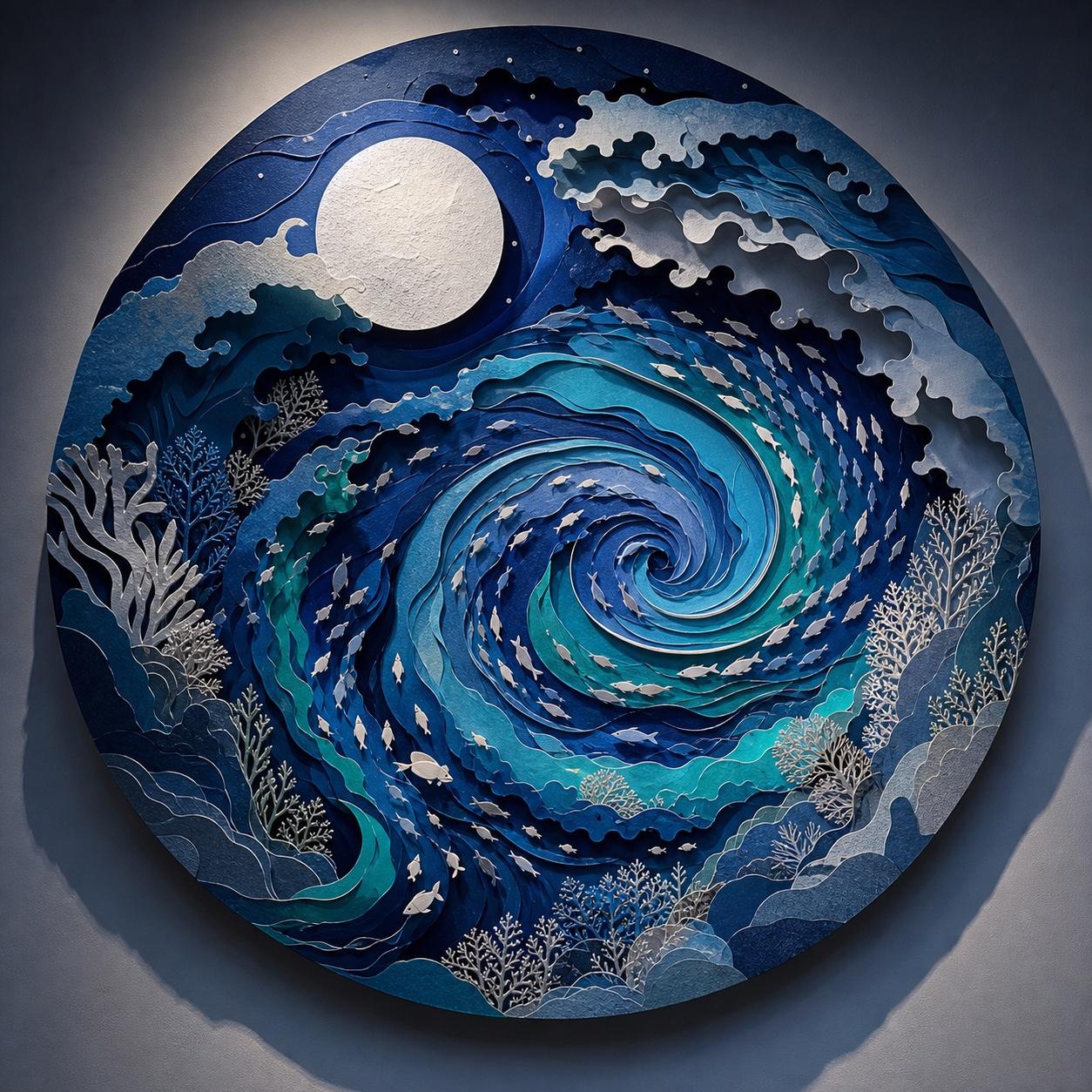 Moonlit Ocean Current Paper Cut Art Prompt