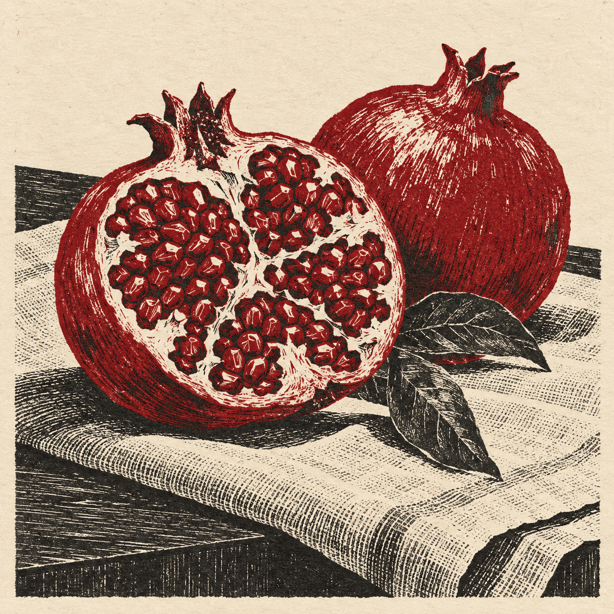 Two Color Pomegranate Still Life Woodcut Art Prompt