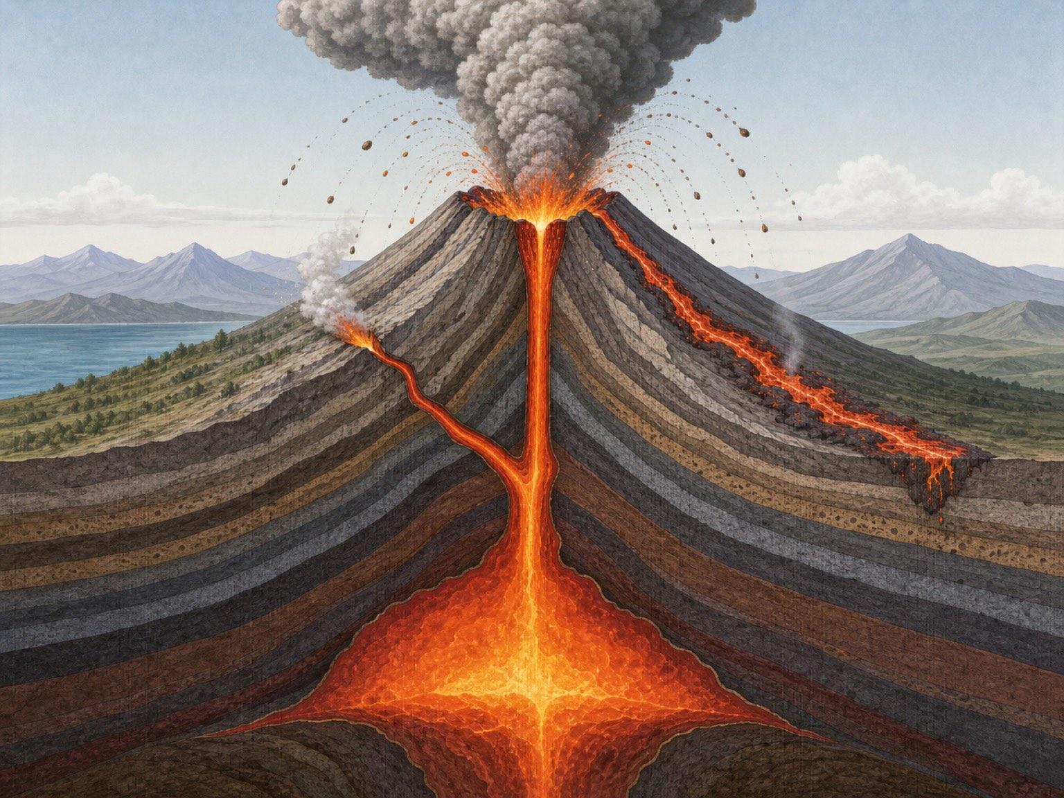 火山喷发剖面科普插画提示词