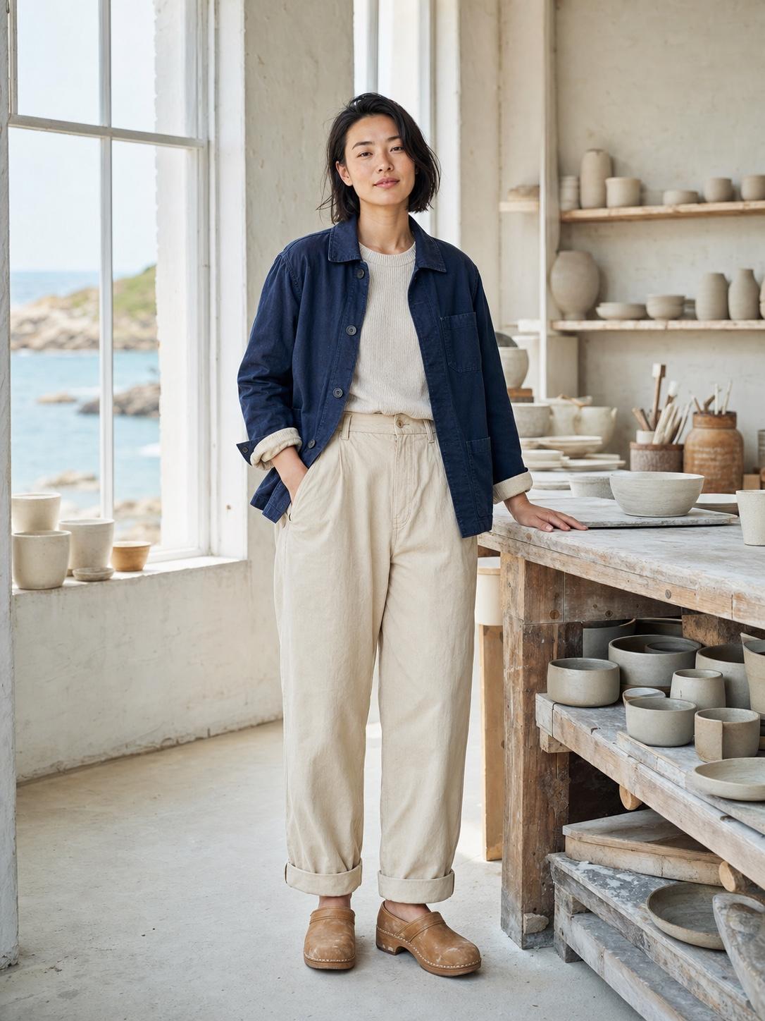 Coastal Pottery Studio Workwear Fashion Prompt
