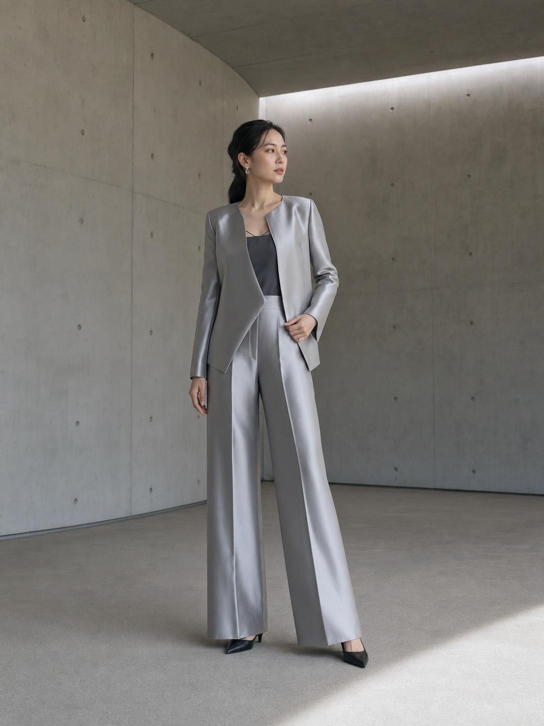 Minimal Silver Gray Evening Trouser Suit Fashion Prompt