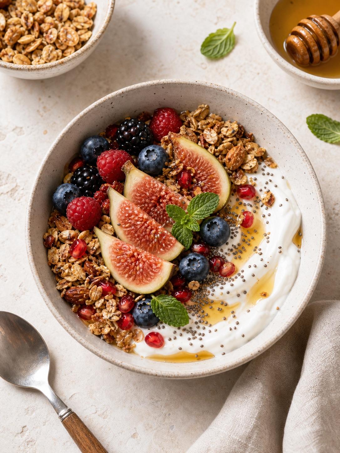 Berry yogurt breakfast bowl food prompt