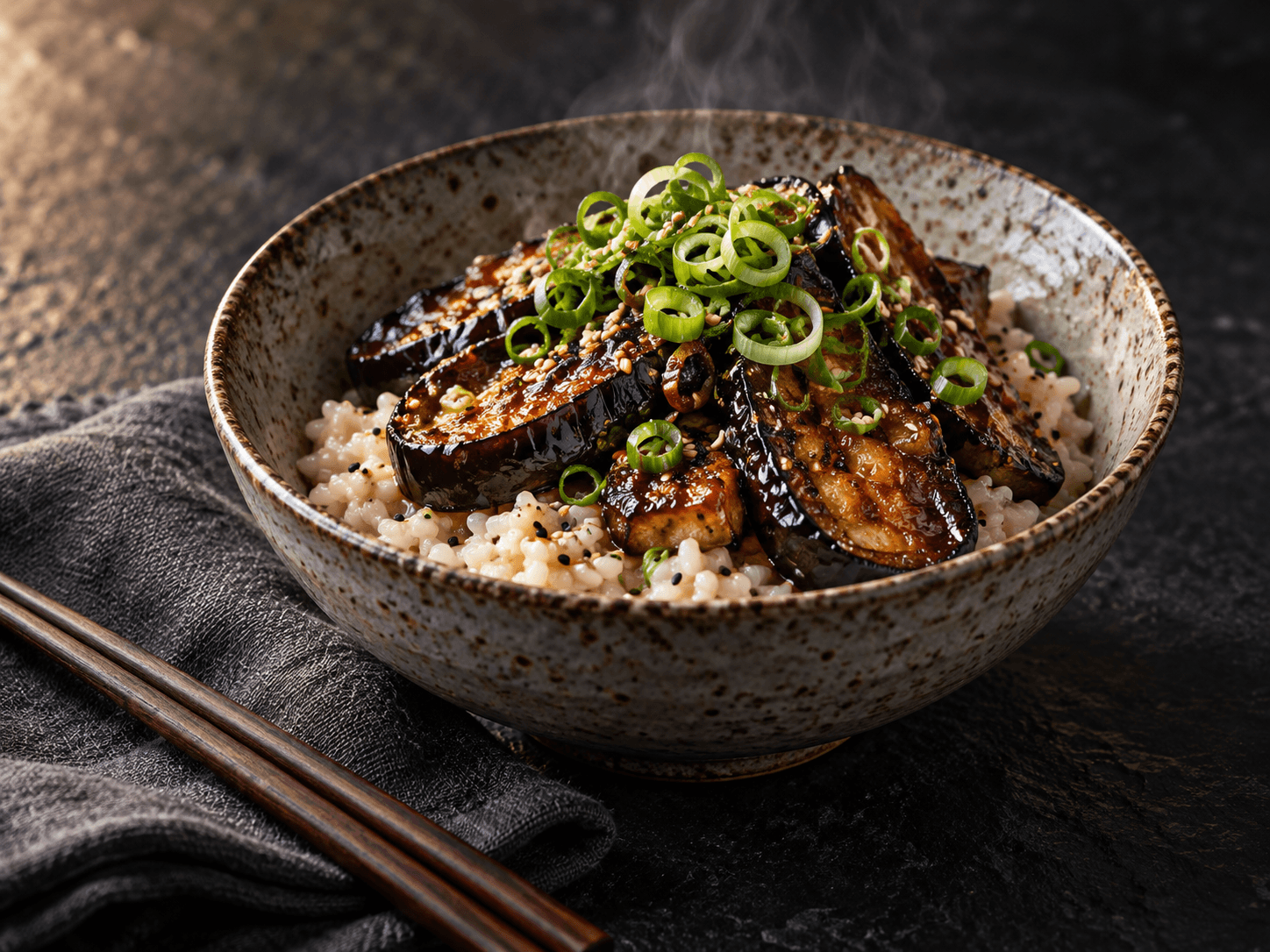 Miso Glazed Eggplant Sesame Rice Food Photo Prompt
