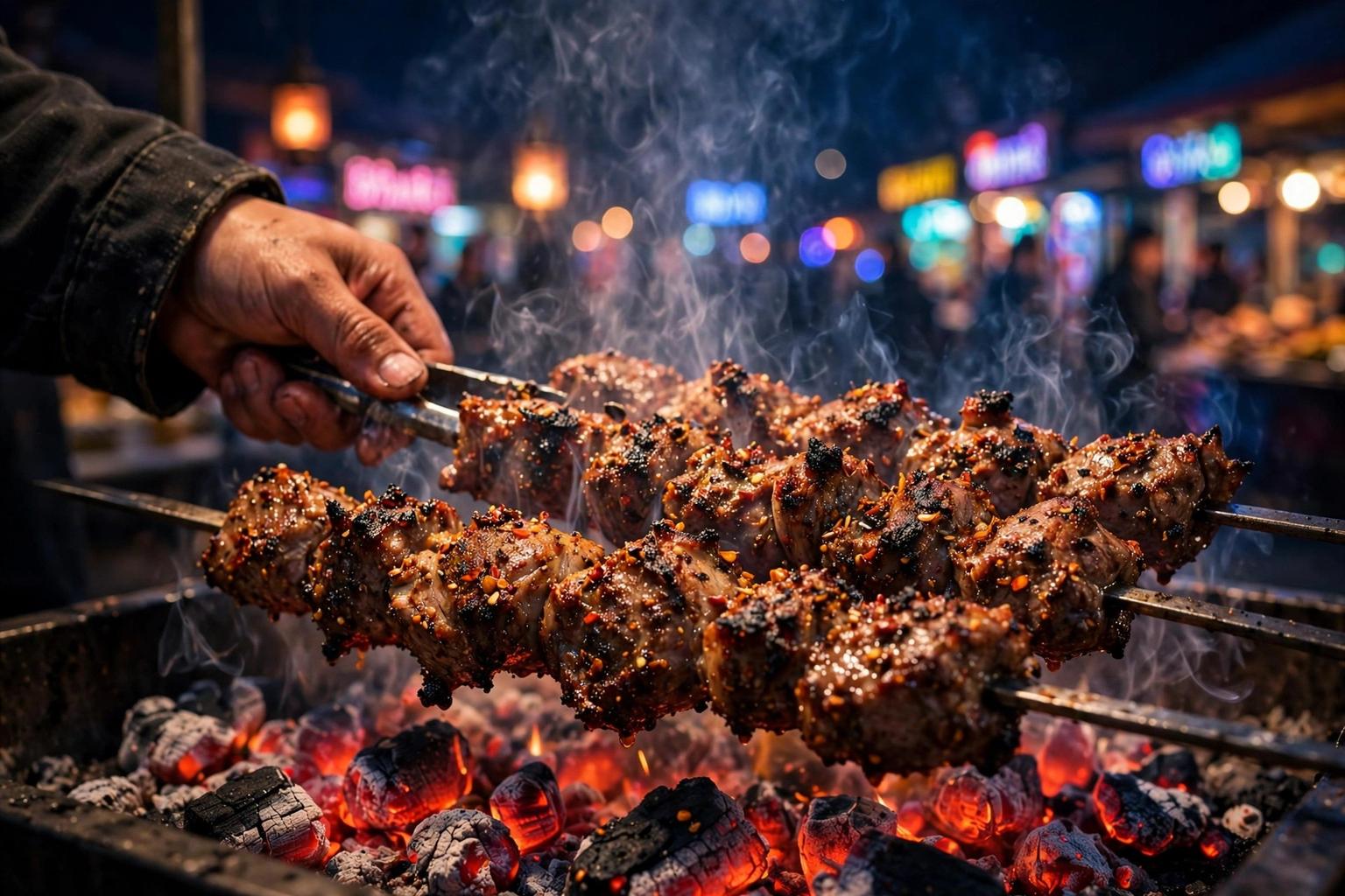 炭火羊肉串夜市美食摄影提示词