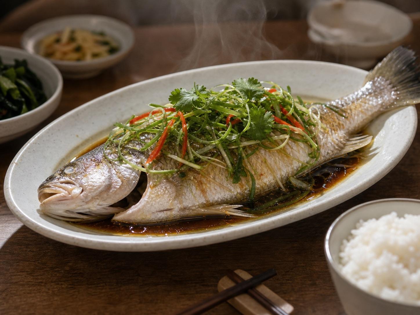 Steamed fish family dinner food prompt