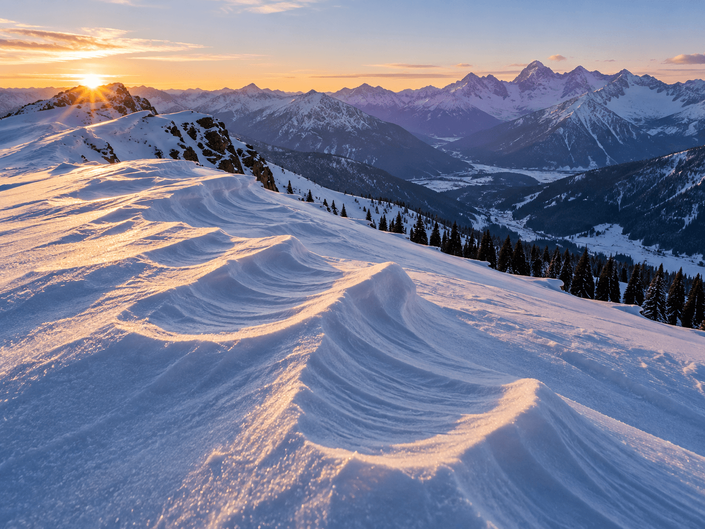 Alpine Snow Ridge Wind Ribbons Sunrise Prompt