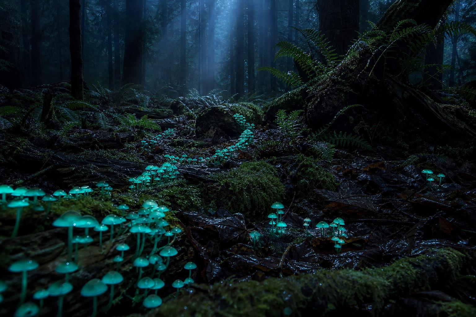 Rainforest Bioluminescent Fungi Macro Landscape Prompt