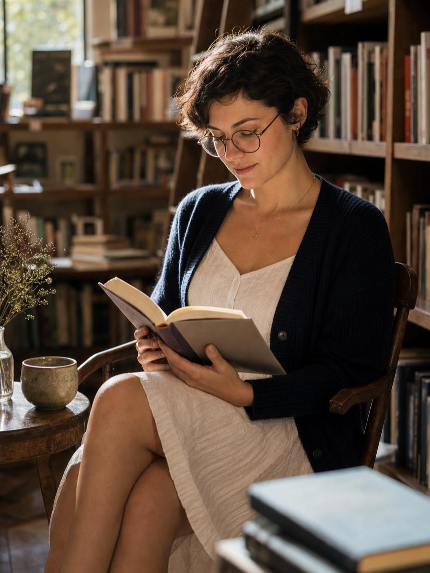 Afternoon bookstore reading portrait prompt
