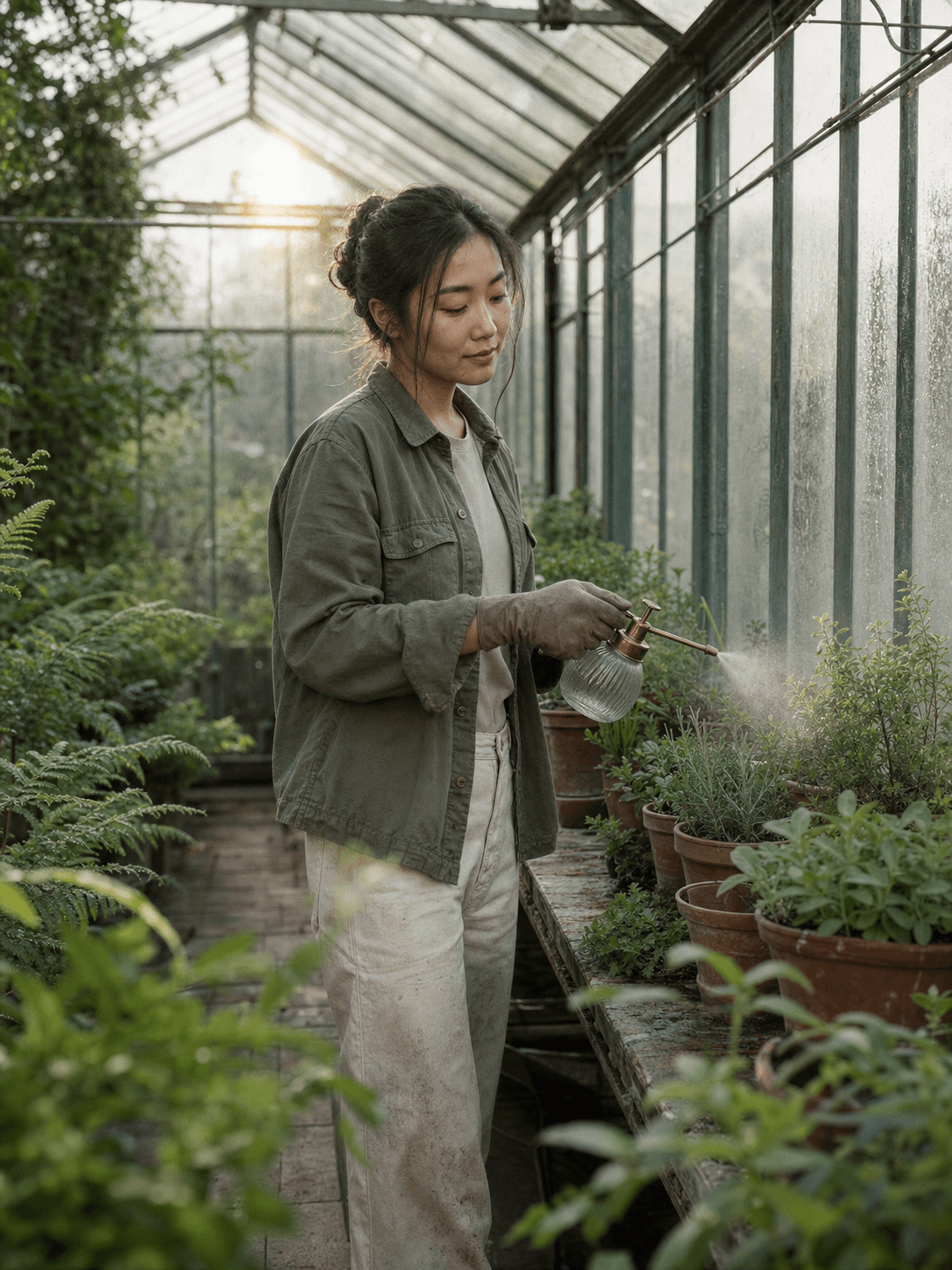 Misty Greenhouse Gardener Photo Shoot Prompt