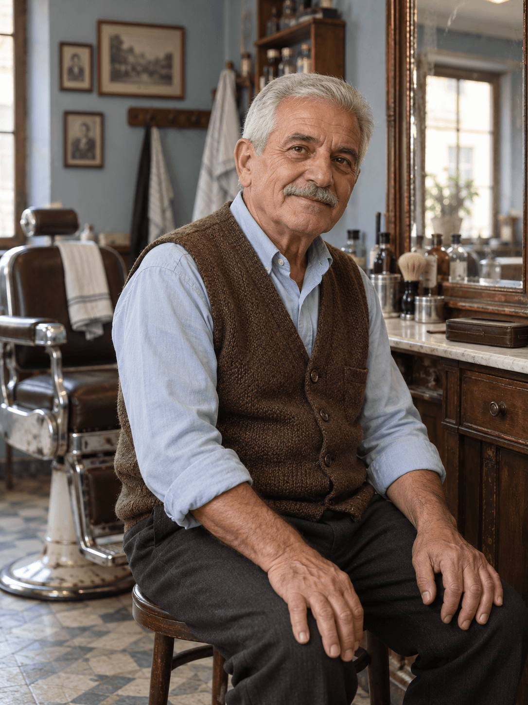 Senior Barber Mirror Side Environmental Portrait Prompt