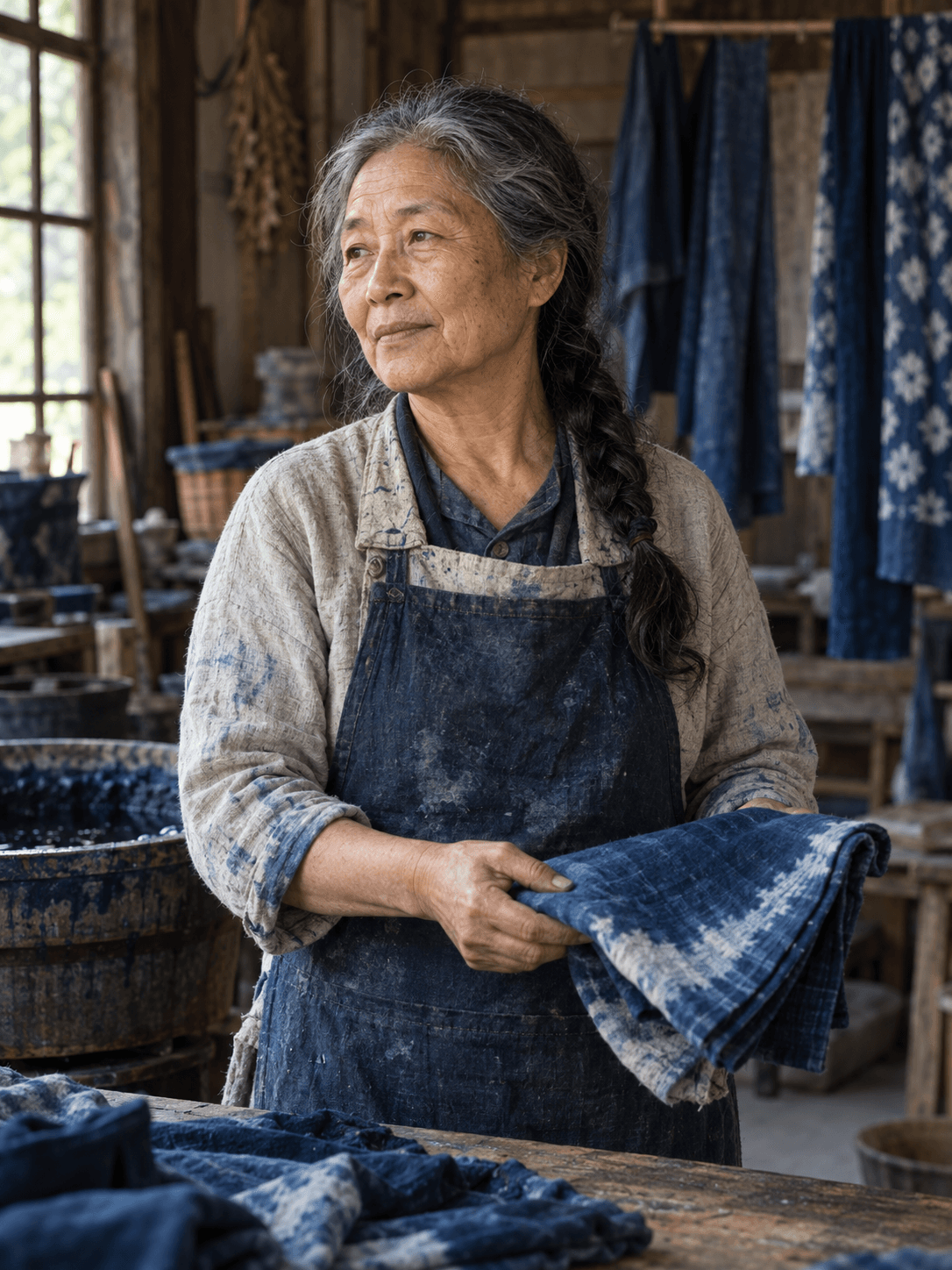 Indigo Textile Dyer Workshop Environmental Portrait Prompt