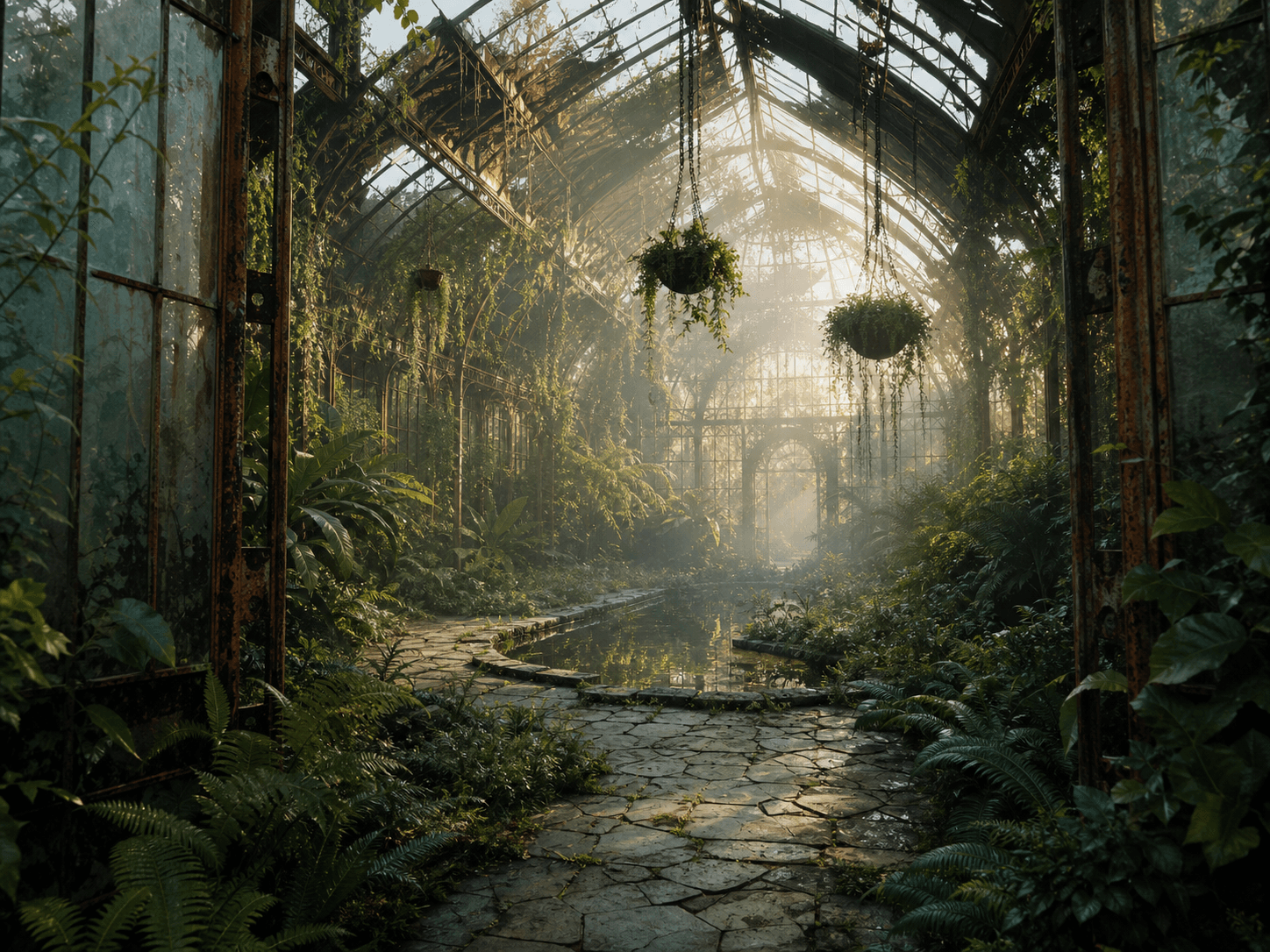 Abandoned Greenhouse Morning Light Scene Prompt