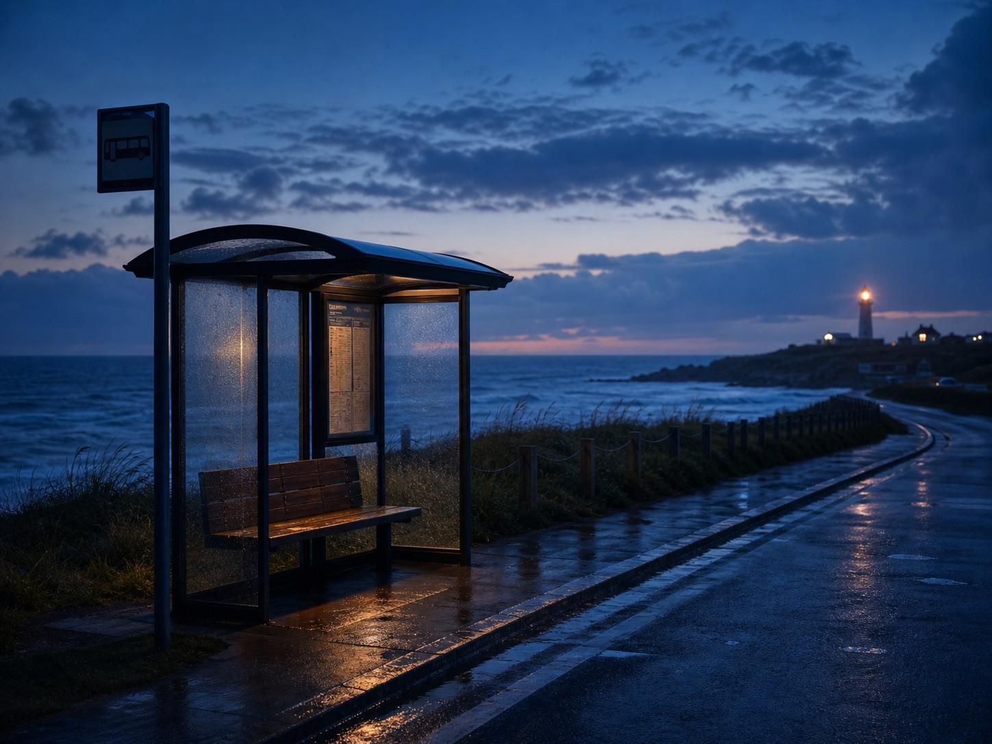 Blue hour coastal bus stop scene prompt