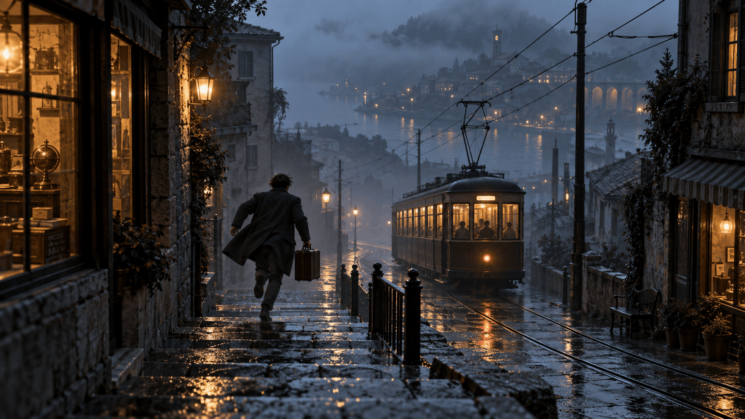 Last Tram in a Foggy Hillside Town Scene Prompt