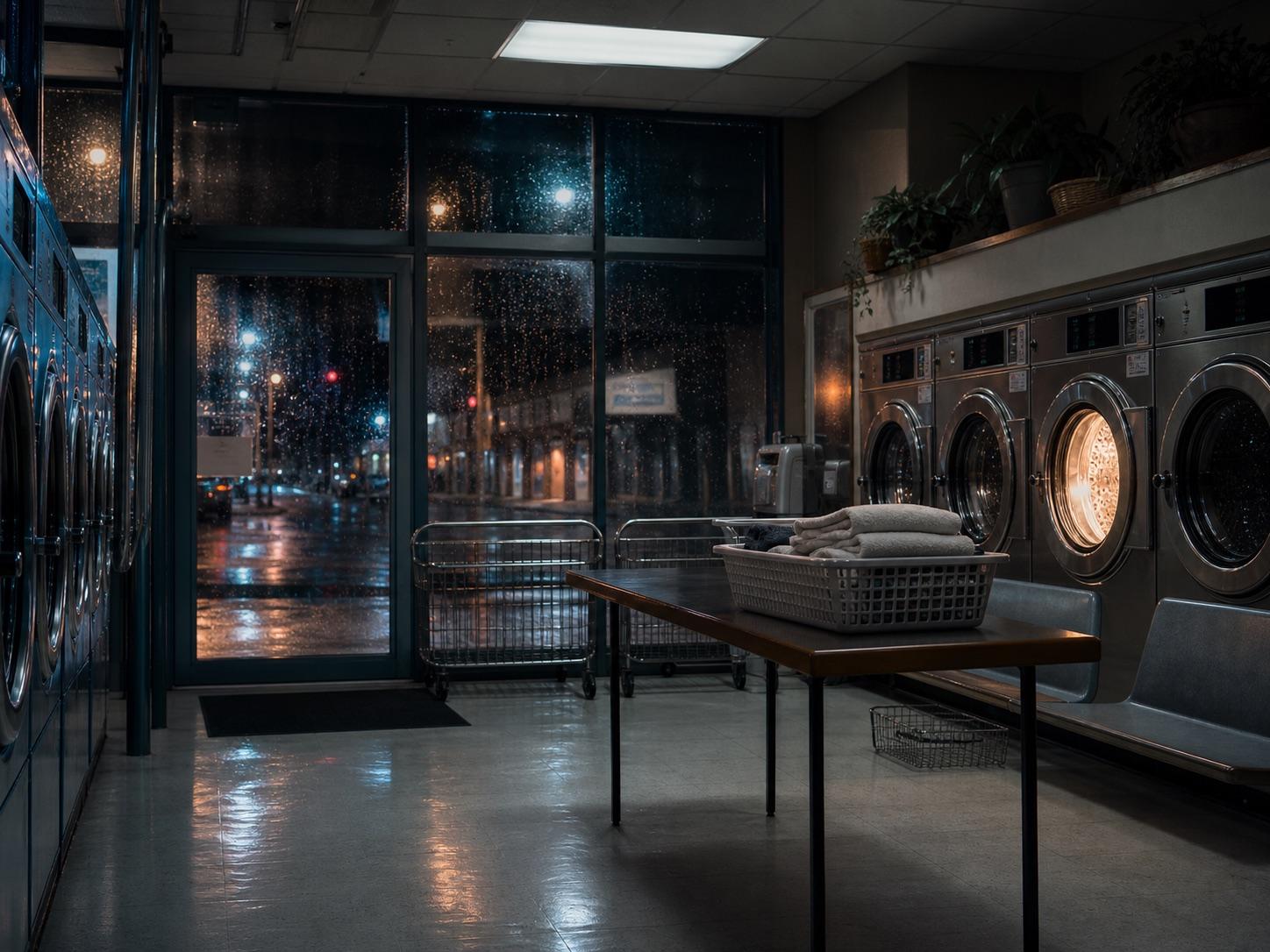 Midnight laundromat interior scene prompt