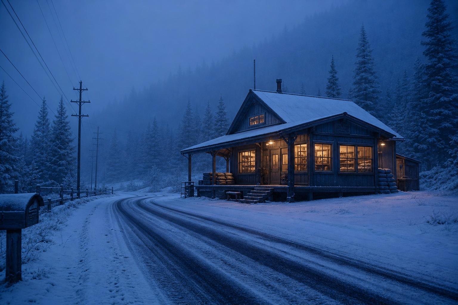 First Snow Mountain Post Office Scene Prompt