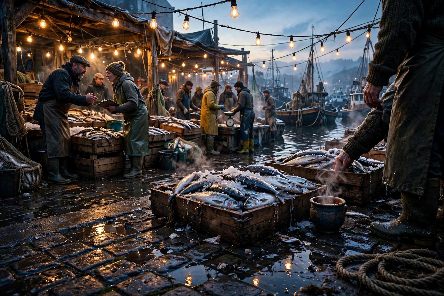 Dawn Fishing Port Auction Market Lights Scene Prompt