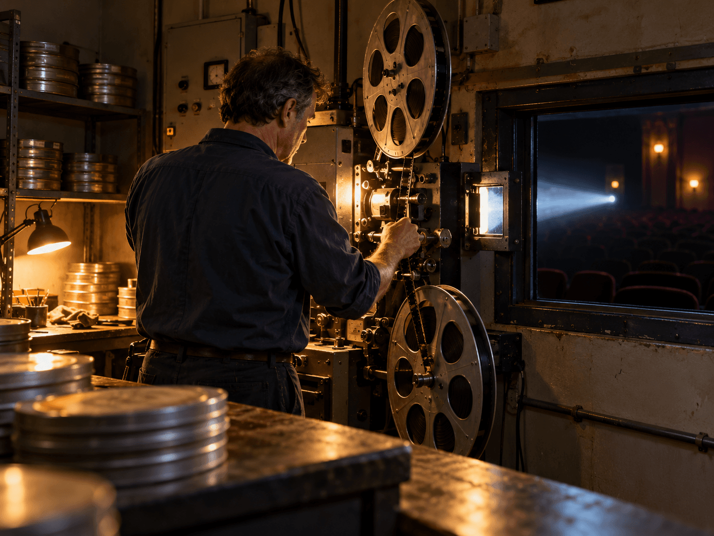 Old Cinema Projection Room Light Beam Scene Prompt