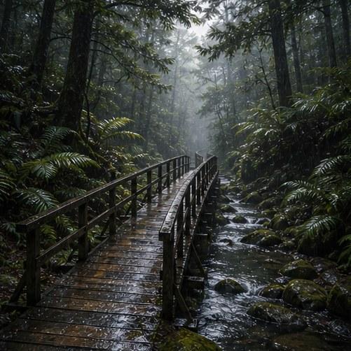 Rainy Forest Bridge Scene Prompt