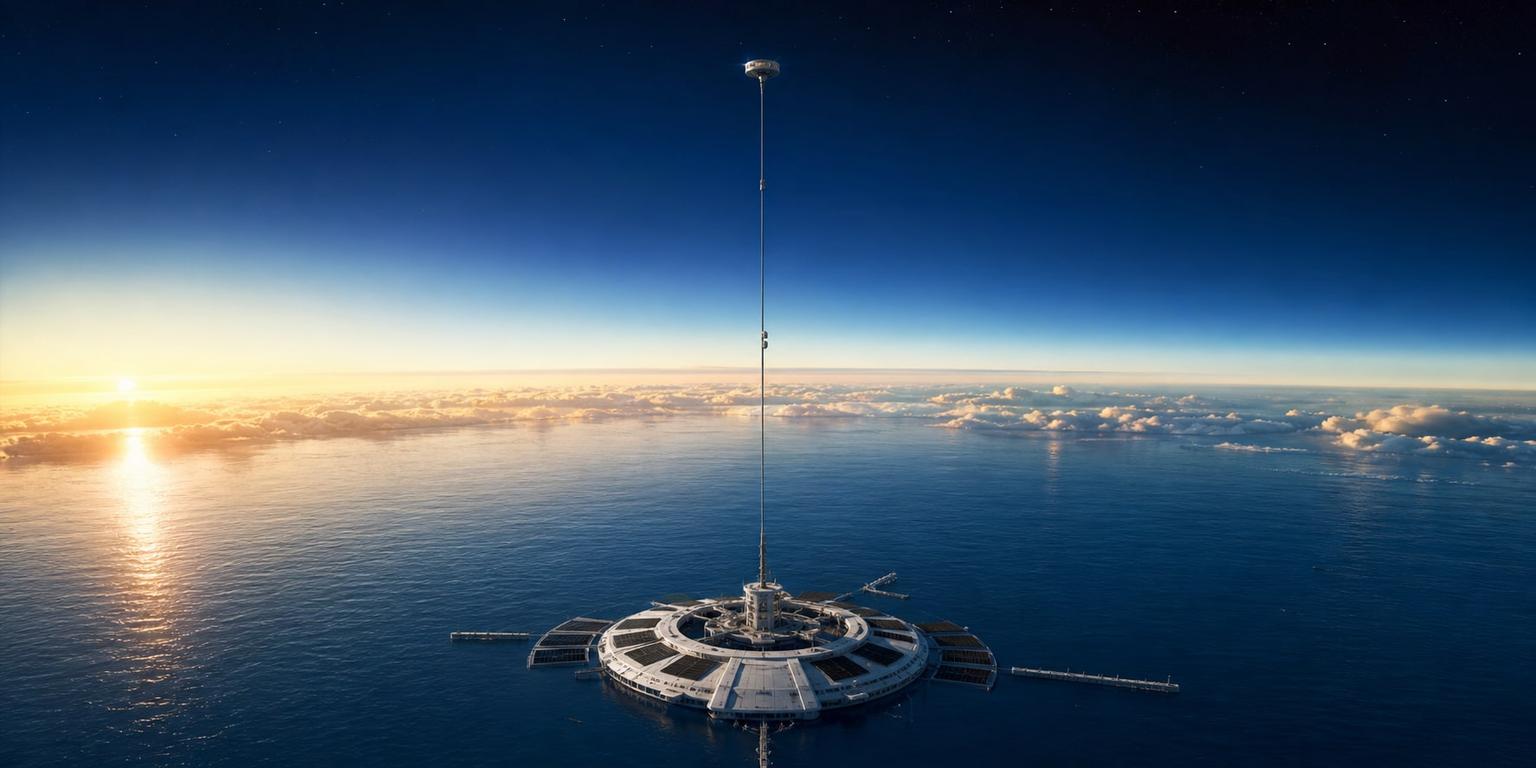 Ocean Space Elevator Sunrise Sci Fi Scene Prompt