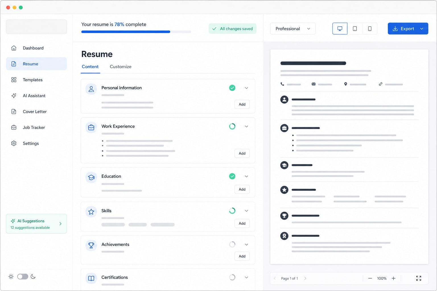 AI Resume Builder Web Application UI Design Prompt