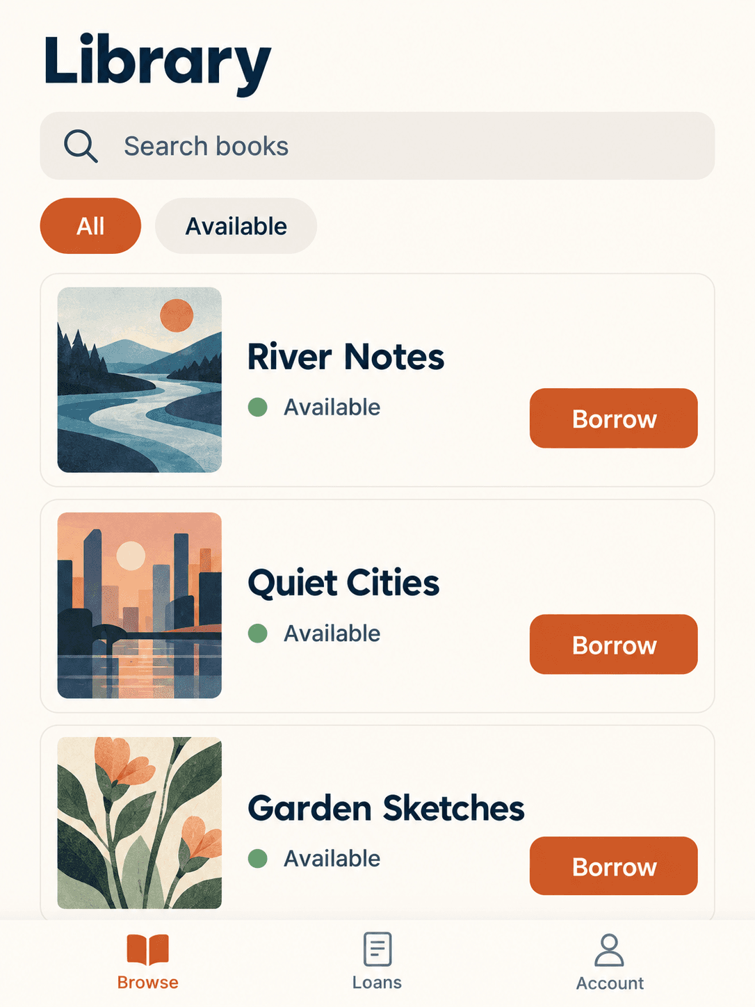 Community Library Borrowing Mobile UI Screenshot Prompt