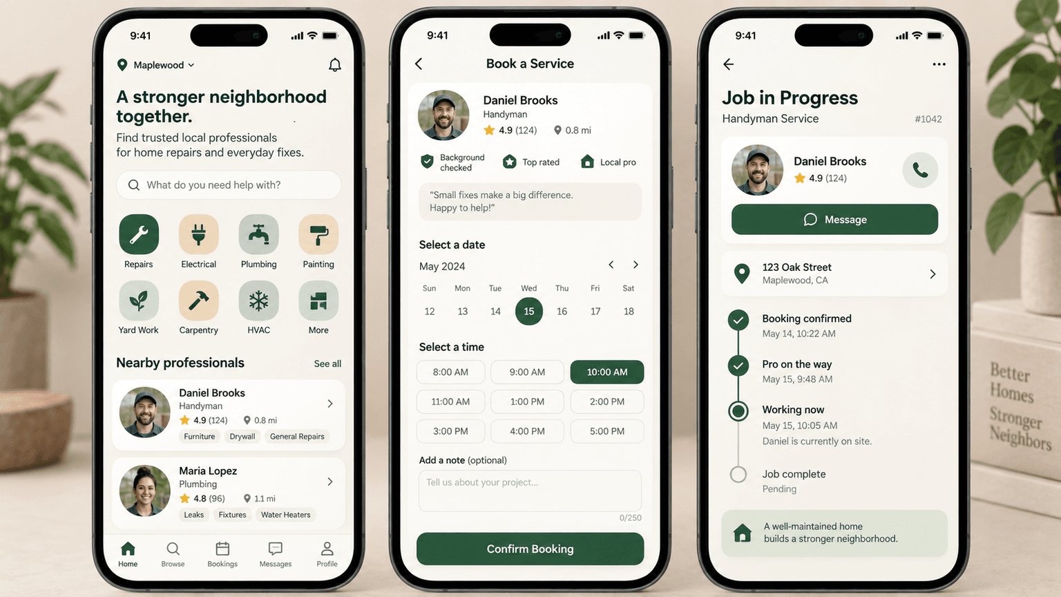 Neighborhood Repair Booking App UI Prompt