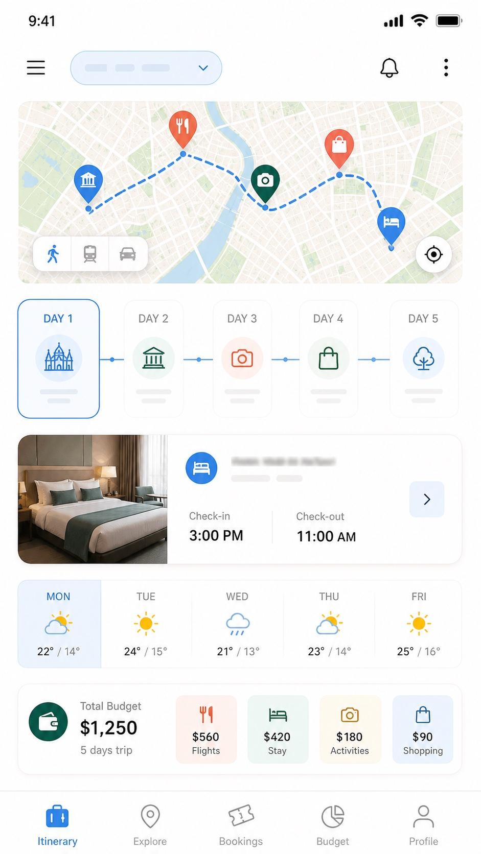 Travel itinerary mobile app UI prompt