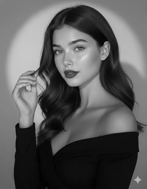 Red lipstick black off-shoulder close-up portrait prompt