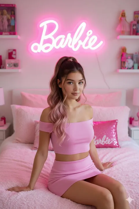 Barbie-themed bedroom photoshoot prompt