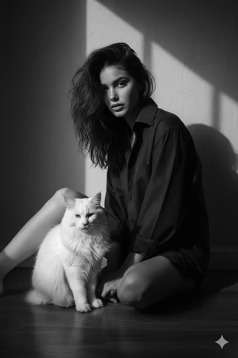 Black-and-white cinematic portrait with Maine Coon cat