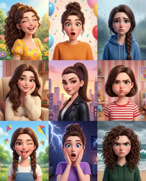 3D cartoon 3x3 expression collage prompt