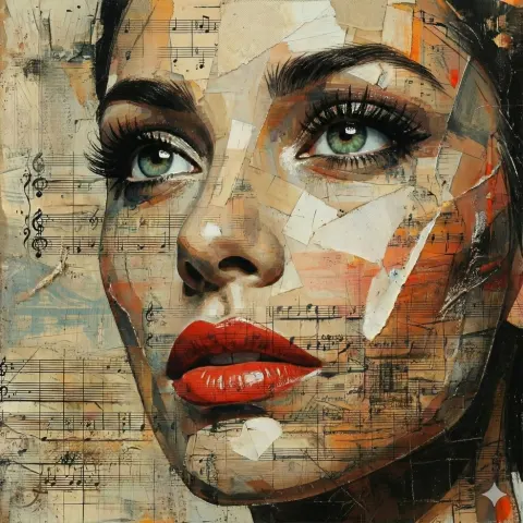 Sheet-music mixed-media face portrait prompt