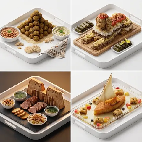Egypt miniature food landscape 2x2 grid prompt