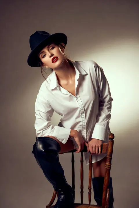 White shirt dress, thigh-high boots, fedora editorial portrait prompt