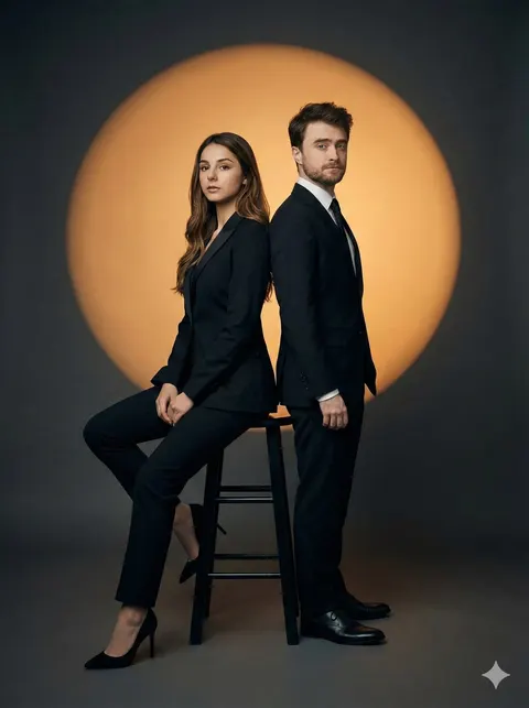 Couple studio portrait with orange halo prompt