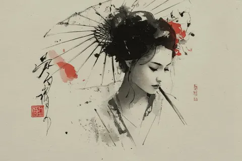 Japanese ink geisha with fan prompt