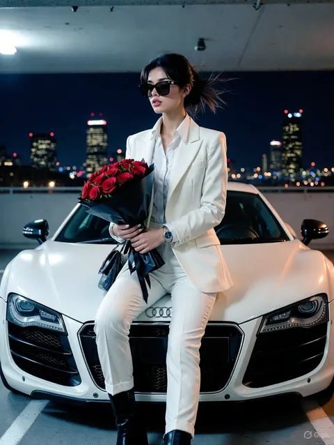 Boss lady Audi R8 rooftop night prompt