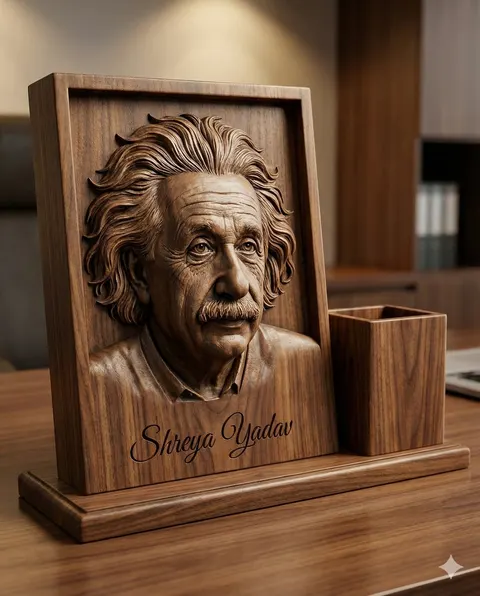 Luxury wooden desk accessory with engraved portrait prompt